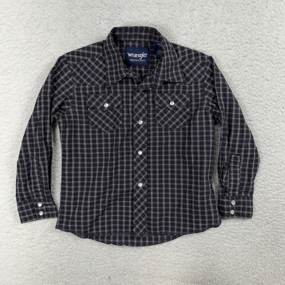 Wrangler Boys Western Pearl Snap Shirt  Black Plaid Long Sleeve Youth XS (3-4)